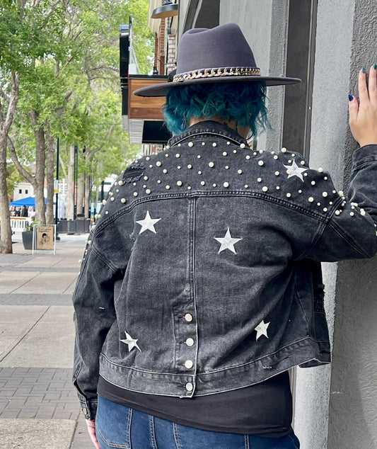 Curvy Pearls Star Cropped Denim Jacket